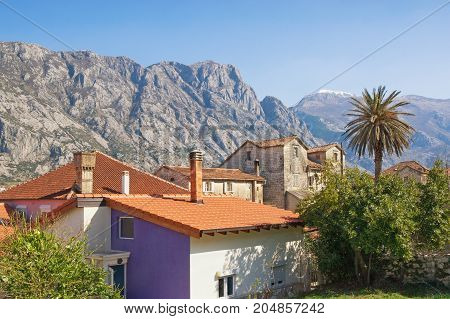 Traditional Mediterranean houses with red tiled roofs and mountains in the background. Montenegro Prcanj town