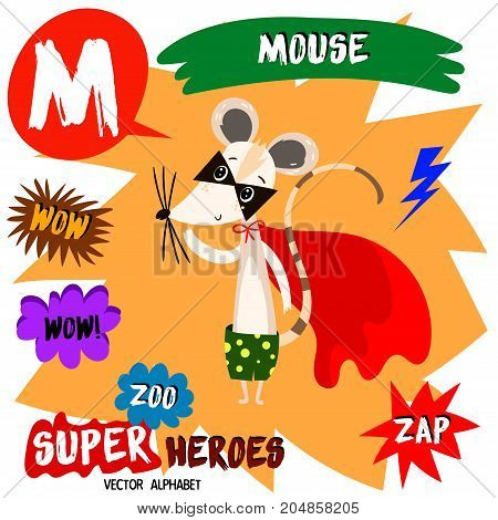 Super Big Set. Cute Vector Zoo Alphabet With Animals In Cartoon Style.letter M-mouse In Superheroes