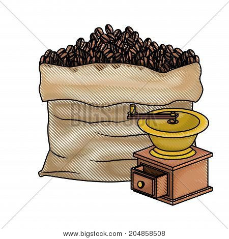 bag of coffee beans and griding with crank colored crayon silhouette vector illustration