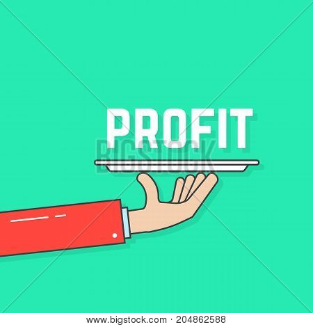 linear hand holding profit on plate. concept of mortage, revenue, win, stock, waiter, manager strategy, grant, motivation. flat style trend modern logo design vector illustration on white background