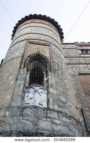 Tower detail of Rocchetta Mattei Castle placed in Italy