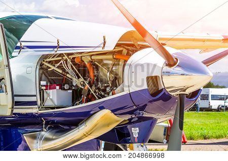 Turboprop Airplane Aircraft A Propeller Chrome Luster With Open Bonnet Repair, Engine Check
