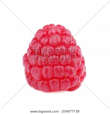 Macro picture of a single, juicy, small raspberry isolated over the white background. Raspberry ingredient for a fruity summer cocktail or dessert. Refreshing, sweet, raw and ripe raspberry.