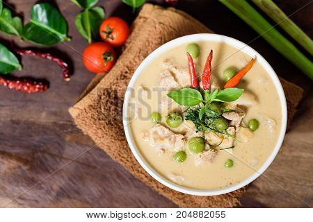 Thai food (Phanaeng curry),red curry with pork in a bowl on wooden background