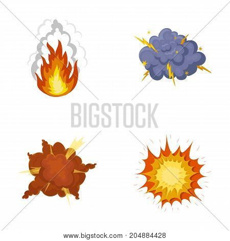 Flame, sparks, hydrogen fragments, atomic or gas explosion, thunderstorm, solar explosion. Explosions set collection icons in cartoon style vector symbol stock illustration .