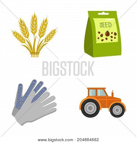 Spikelets of wheat, a packet of seeds, a tractor, gloves.Farm set collection icons in cartoon style vector symbol stock illustration .