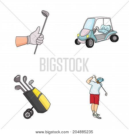 A gloved hand with a stick, a golf cart, a trolley bag with sticks in a bag, a man hammering with a stick. Golf Club set collection icons in cartoon style vector symbol stock illustration .