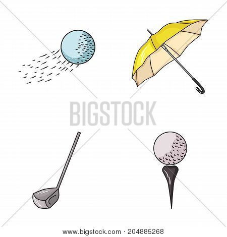 A flying ball, a yellow umbrella, a golf club, a ball on a stand. Golf Club set collection icons in cartoon style vector symbol stock illustration .