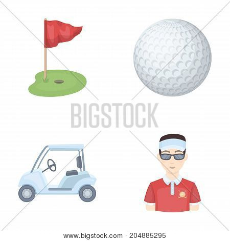 Field with a hole and a flag, a golf ball, a golfer, an electric golf cart.Golf club set collection icons in cartoon style vector symbol stock illustration .