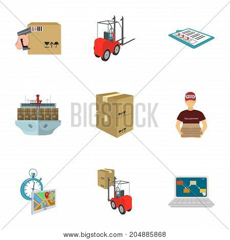 Forklift, cargo plane, goods, documents and other items in the delivery and transportation. Logistics and delivery set collection icons in cartoon style isometric vector symbol stock illustration .