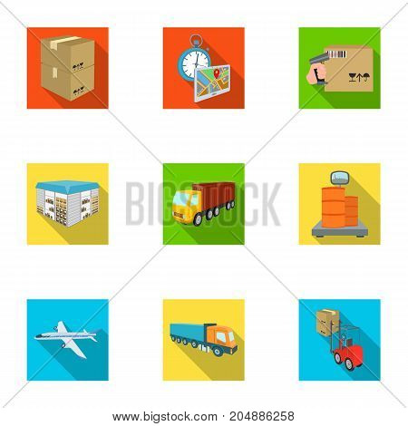 Forklift, cargo plane, goods, documents and other items in the delivery and transportation. Logistics and delivery set collection icons in flat style isometric vector symbol stock illustration .