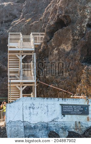 ANACAPA ISLAND, CALIFORNIA - SEPTEMBER 8, 2017:  The boat landing and staircase to visit Anacapa Island, one of five volcanic islands making up Channel Islands National Park.