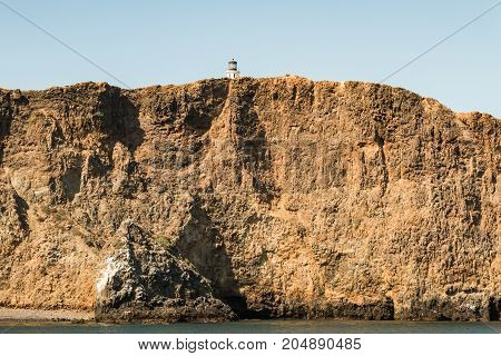 Rear view of Anacapa Island off the coast of Port Hueneme, California, in Ventura County, with the Anacapa lighthouse high on top.