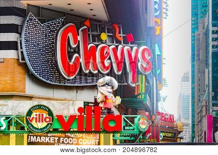 New York USA - 28th September 2016: Close up of the Chevy's restaurant sign near Times Square a lively informal Mexican food chain with a colorful family-friendly setting plus tequilas & margaritas.