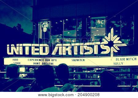 New York USA - 28 September 2016: United Artists Theater Complex in Brooklyn viewed from the top of a tourist bus.