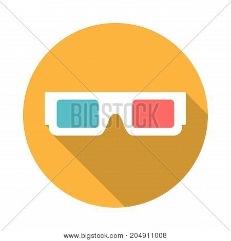 3d glasses circle icon with long shadow. Flat design style. 3d glasses simple silhouette. Modern minimalist round icon in stylish colors. Web site page and mobile app design vector element.