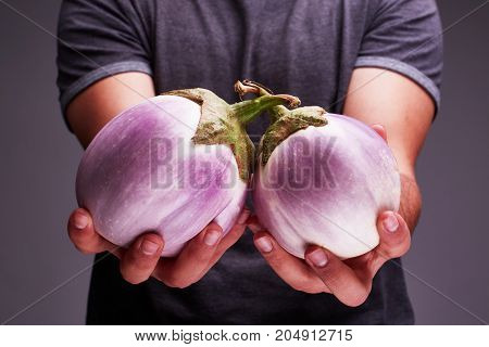 The concept of agriculture. Eggplant in male hands. Healthy Eating.