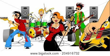 A group of young and cheerful musicians play musical instruments
