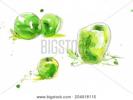 Green and yellow watercolor Red and pinl fresh apples