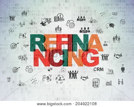 Finance concept: Painted multicolor text Refinancing on Digital Data Paper background with  Hand Drawn Business Icons