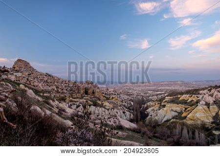 Capadocia Landscape with Uçhisar Castle by sunset