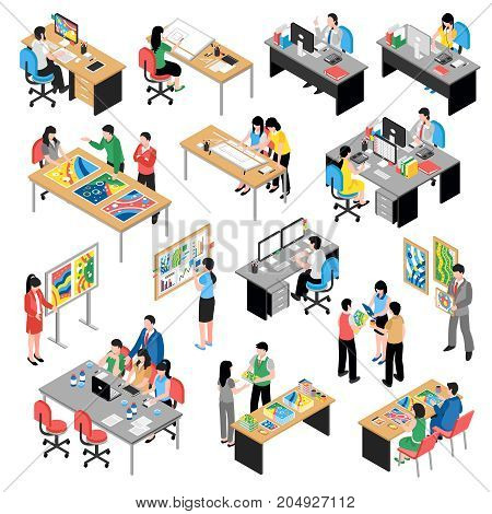Development company office isometric icons collection with teamwork planning modernization designing at desktop computers isolated vector illustration