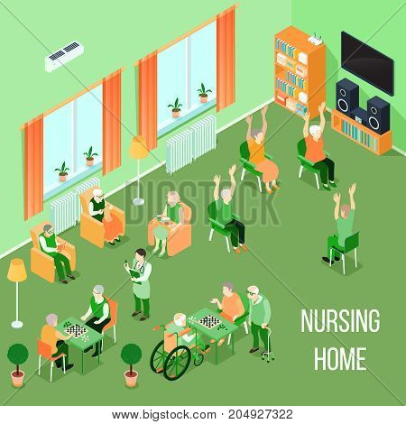 Nursing home residents room interior isometric view with residents playing chess reading and physical activities vector illustration