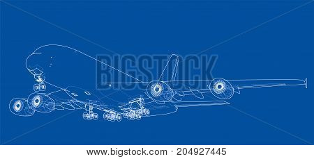 Passenger aircraft. Vector rendering of 3d. Wire-frame style. The layers of visible and invisible lines are separated
