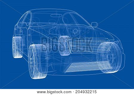 Concept car. Vector rendering of 3d. Wire-frame style. The layers of visible and invisible lines are separated