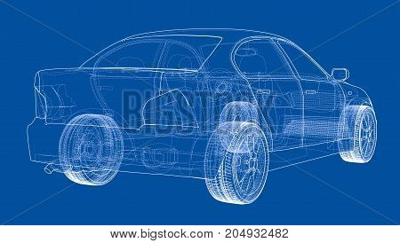 Concept car. Vector rendering of 3d. Wire-frame style. The layers of visible and invisible lines are separated