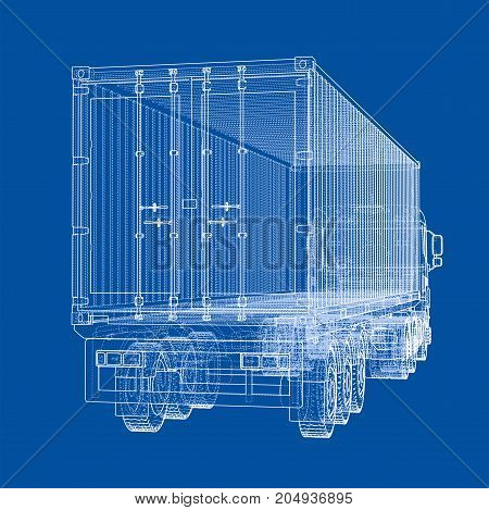 Truck with semitrailer. Vector rendering of 3d. Wire-frame style. The layers of visible and invisible lines are separated