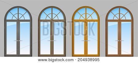 Set of classic arched wooden doors for a balcony. Doors of different colors. Vector graphics