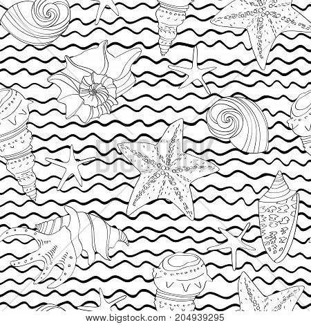 Seamless Pattern With Doodle Shells And Waves