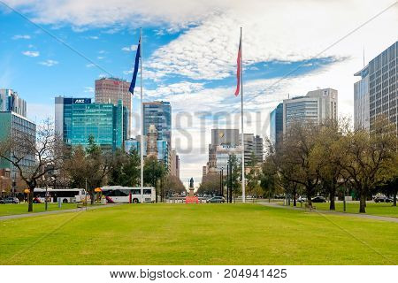 Adelaide Australia - June 28 2017: Victoria Square fountain viewed from South to North with office buildings at morning time