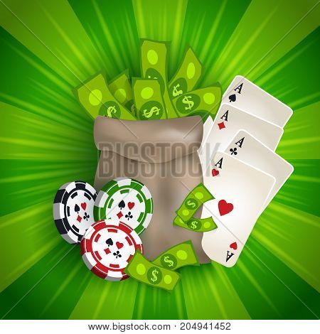 Casino banner, poster design with money bag, gambling chips, playing cards and dollars, vector illustration. Casino, gambling chips tokens money bag and and dollars, banner, poster, postcard design