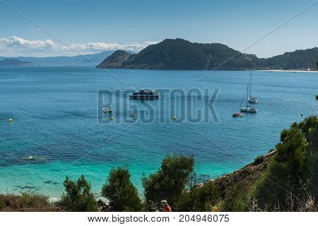 ISLAS CIES VIGO SPAIN - SEPTEMBER 16 2017: View of the Playa de Nossa Senora at Cies islands of Spain included in the Atlantic Islands of Galicia National Park