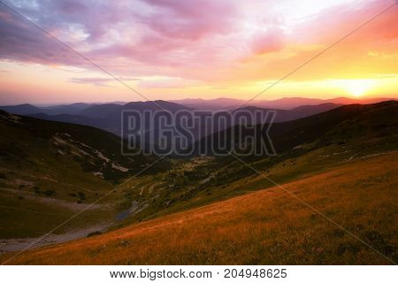 beautiful summer sunrise landscape in the mountains, east Europe travel, Carpathian national park, west Ukraine, beeauty world, wallpaper background landscape