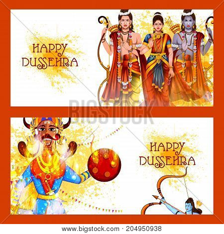 easy to edit vector illustration of Lord Rama Laxmana and Sita in Happy Dussehra background showing festival of India