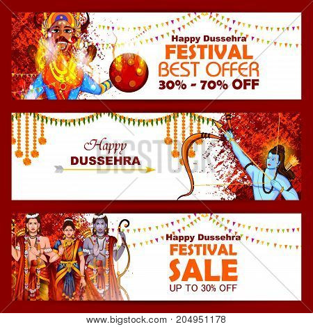 easy to edit vector illustration of Lord Rama Laxmana and Sita in Happy Dussehra background showing festival of India