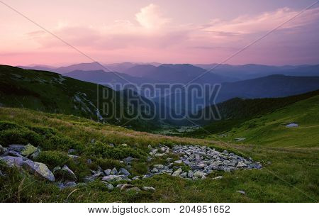 beautiful summer sunrise landscape in the mountains, east Europe travel, Carpathian national park, west Ukraine, beeauty world, wallpaper background landscape