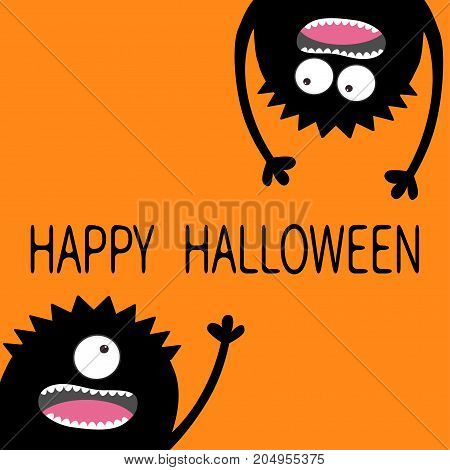 Happy Halloween. Two black screaming monster head silhouette set. Eyes teeth tongue hands. Hanging upside down. Funny Cute cartoon character. Baby collection. Flat design. Orange background. Vector