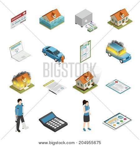 Insurance policy protection elements isometric icons collection with personal injury fire and tornado damage isolated vector illustration
