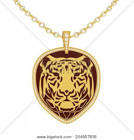 3D illustration isolated gold necklace tiger with diamonds on a chain on a white background