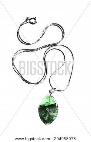 Green nephrite pendant on a chain isolated over white