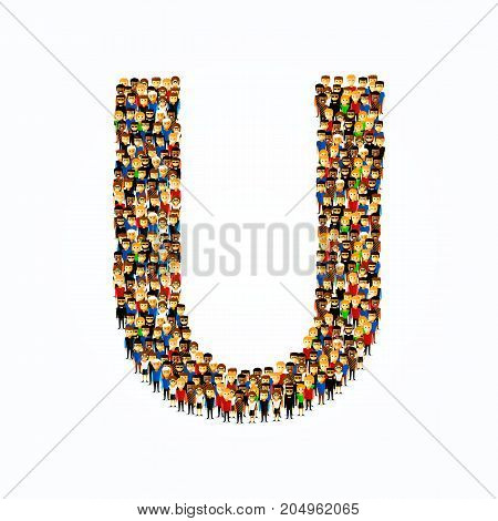 A group of people in the shape of English alphabet letter U on light background. Vector illustration.