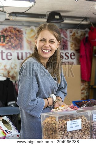 23 AUGUST 2017, VIENNA, AUSTRIA:The oldest in Vienna is the Naschmarkt Market with products of alcoholic fruits and vegetables.