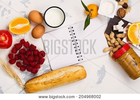 Allergy food concept. Food background, space for text