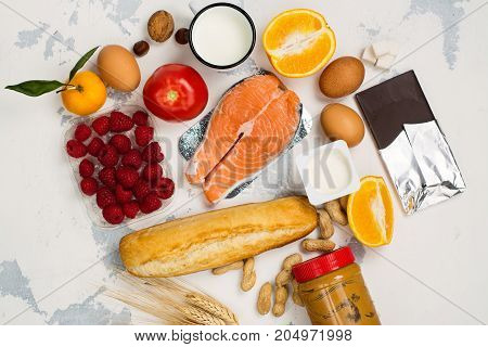Allergy food concept. Food background, space for text