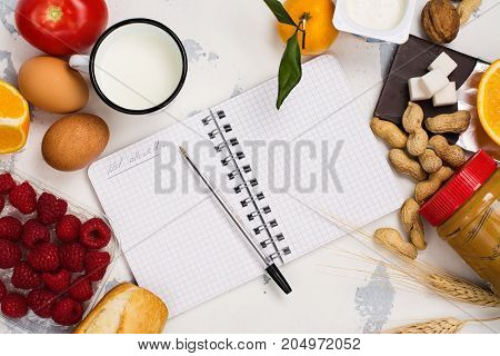 Allergy food concept. Food background, space for text