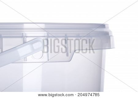 Transparent plastic bucket with transparent lid plastic containers on white background food plastic box isolated on white product packaging for foodstuff or paints adhesives sealants primers